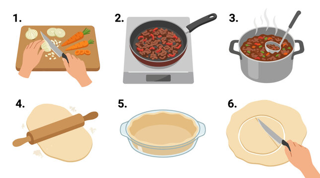 A colorful infographic showing six distinct steps for preparing a homemade meat pie recipe from scratch in a home kitchen.
