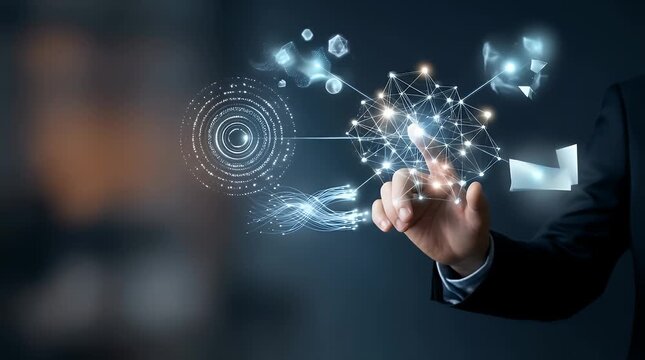 Engaging Business Professional Interacting with Holographic Interface in Dark Environment