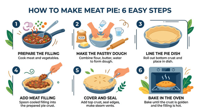 A detailed infographic showing six easy steps for preparing and baking a delicious homemade meat pie in a home kitchen