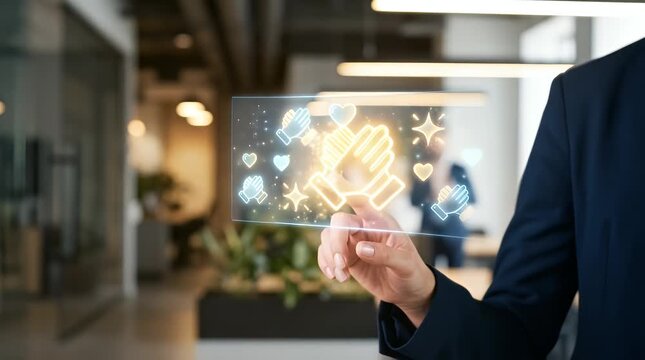 Professional Business Person Interacting with Holographic Interface in Modern Office