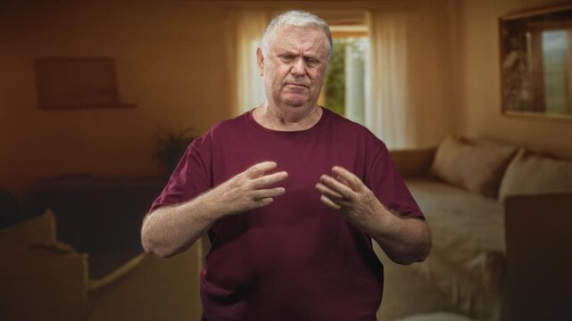 Man senior gesturing with open hands and pursed lips in a living room building, wearing maroon tshirt and standing center frame; frustration reflection.