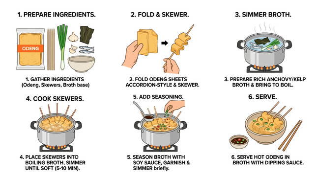 A step by step instructional guide showing how to prepare and cook traditional korean odeng fish cake skewer soup dishes