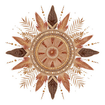 Intricate golden mandala with feathers and leaves isolated on transparent background