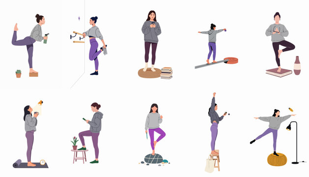 Illustrations of women practicing balance exercises and multitasking in various daily scenarios and fitness poses at home.