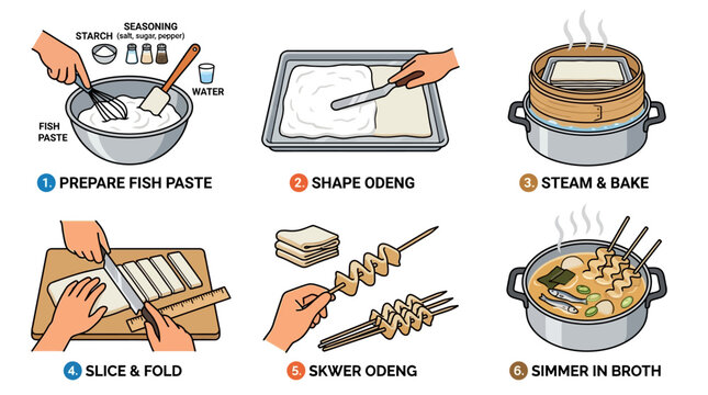 A detailed step by step infographic illustration showing the traditional culinary process for making and cooking delicious korean fish cakes