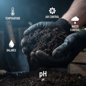 Gloved hand holding soil with key gardening factors labeled temperature balance air water ph