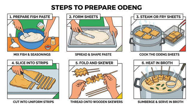 An informative infographic showing six clear steps for preparing delicious korean fish cake odeng in a professional kitchen setting