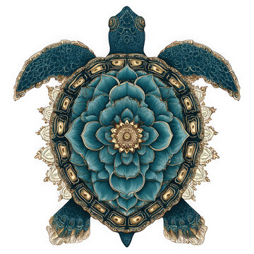 Ornate teal turtle with intricate floral pattern isolated on transparent background