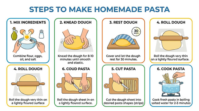 Educational infographic showing the step by step process for making fresh homemade pasta from scratch in a simple illustrated style