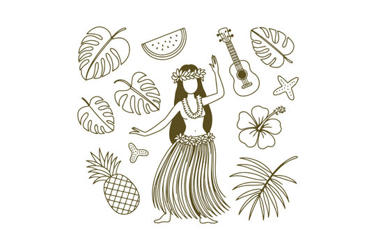 Hula dancer in grass skirt with tropical and ukulele line