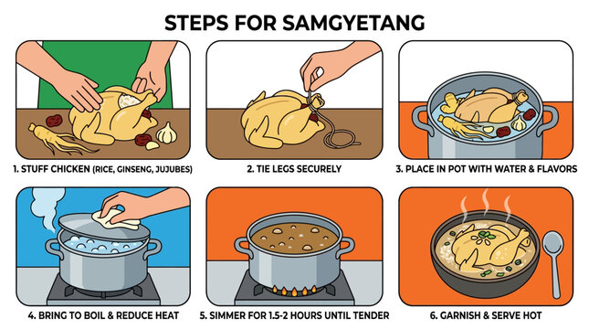 A step by step instructional infographic showing the traditional preparation process for making a healthy and delicious Korean samgyetang dish