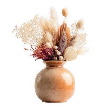 Dried flower arrangement in a terracotta vase isolated on transparent background