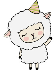 Fototapeta premium Cute sheep character wearing party hat, smiling and waving, perfect for celebrations and children events
