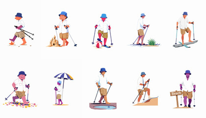Fototapeta premium Set of Flat Illustrations Featuring a Man in Beach Attire Engaging in Trekking and Skiing Activities on a Sandy Beach Environment