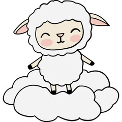 Fototapeta premium Cute cartoon sheep character with fluffy white wool, standing cloud, smiling joyfully. This adorable design evokes sense
