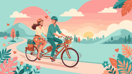 Naklejka premium World Bicycle Day A romantic couple cycles happily on a tandem bike through a charming, serene landscape, celebrating love, nature's beauty, and shared outdoor adventures