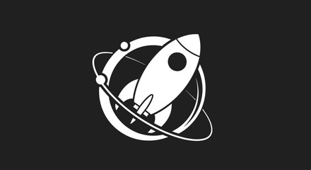 Stylized white rocket launching around planetary rings © Akil