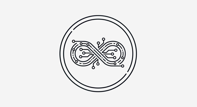 Circular icon featuring a stylized infinity symbol made of circuit board lines