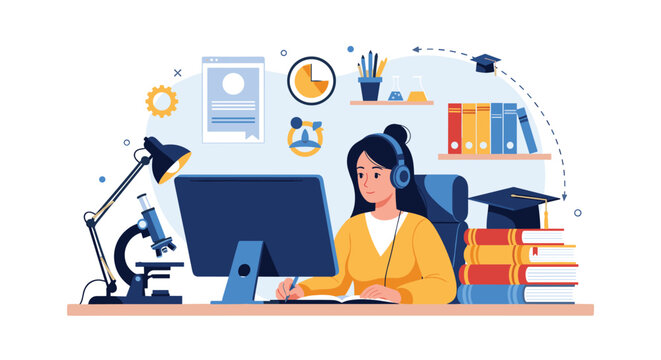 Student woman studying at a computer desk surrounded by science icons like a microscope, books, and lab equipment.