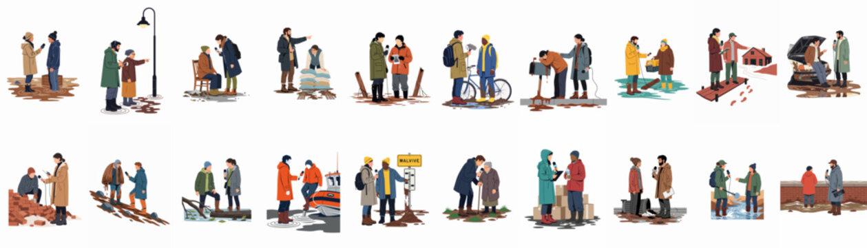 Collection of illustrations showing news reporters interviewing victims and responders during various flood disaster scenarios and natural emergency situations.