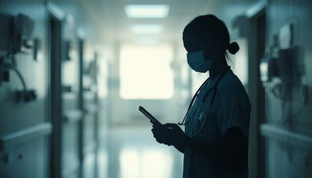Female nurse using digital tablet in hospital corridor healthcare technology concept