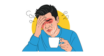 Fototapeta premium Sick man suffering from a severe headache and fever while holding a steaming hot cup of tea against a yellow background.