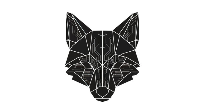 Polygonal black fox head with circuit board patterns