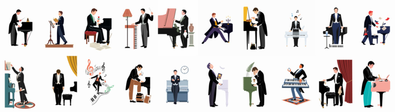 A collection of flat vector illustrations depicting male pianists and conductors in formal tuxedos, featuring various scenes of performance, composition, and musical interaction.