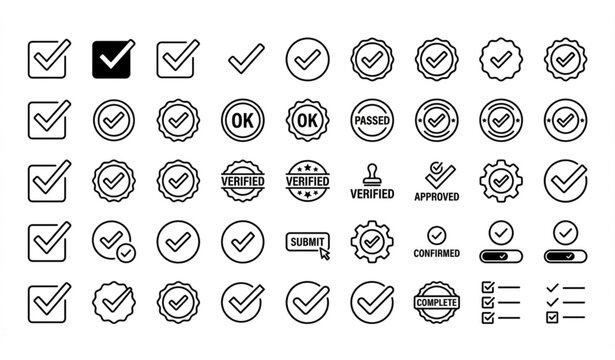 Big Set of Verification, Approval and Check Mark Icons. Collection of Certified Seals, Quality Stamps, and Compliance Symbols for Web and App.