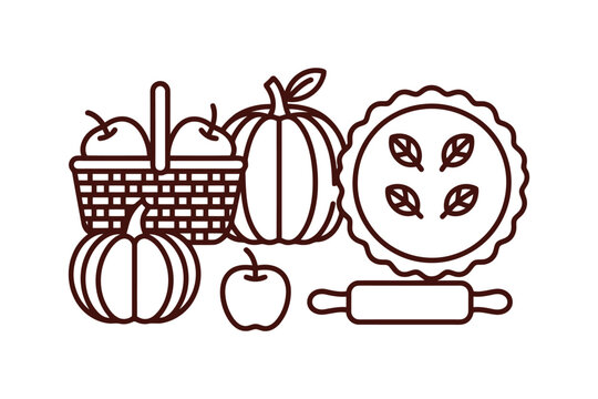 Line of autumn harvest with pumpkins apples pie and rolling pin