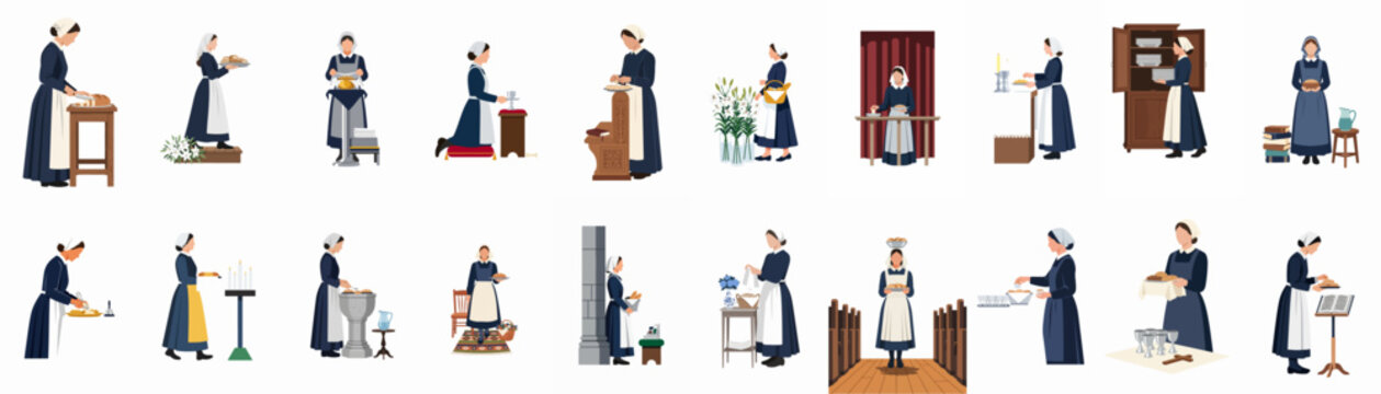 Set of vector illustrations depicting women in traditional colonial or Puritan attire performing various domestic and service tasks in a minimalist style.