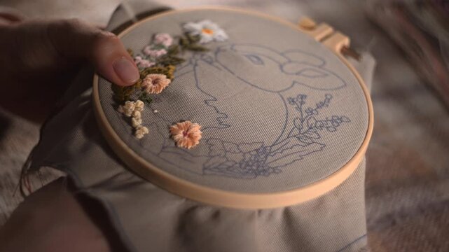 Detailed Embroidery Creation. Closeup Of Needlework Highlighting Floral Details Around Rabbit Outline. Media