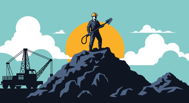 Professional miner in a hard hat and uniform holding a shovel while standing on a tall pile of rocks at sunset.