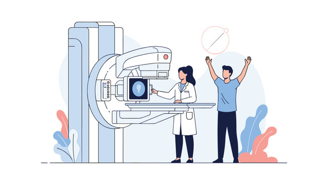 Professional female doctor operating a large radiation therapy machine for a male patient standing with his arms raised.