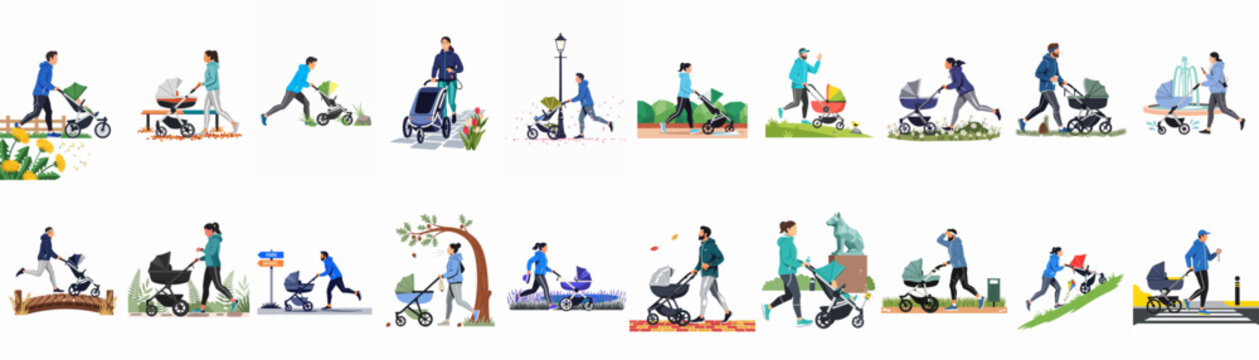 Collection of illustrations featuring active mothers and fathers jogging and walking with baby strollers in various outdoor park settings throughout the seasons.