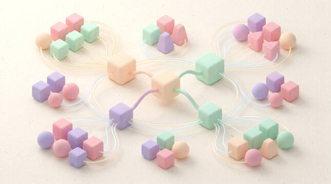 Isometric Network Diagram with Interconnected Microservices Nodes in Pastel Colors