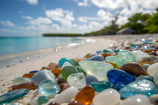 Multicolored pieces of smooth sea glass glisten brightly under the warm tropical sun while resting upon the pristine white sands of a secluded island beach during a peaceful summer day.