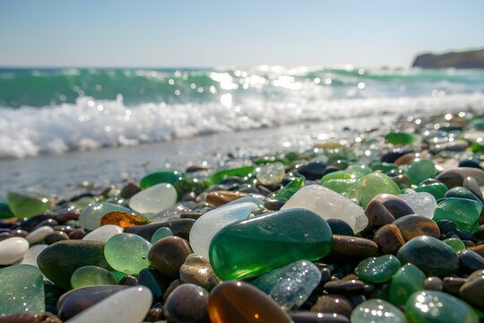 Smooth colorful sea glass pebbles glistening under the bright sunlight on a rocky shore while gentle ocean waves roll onto the sand during a beautiful and peaceful summer afternoon day.