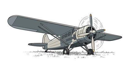 Vintage Biplane on Grassy Field, Retro Aircraft Illustration © Yumna