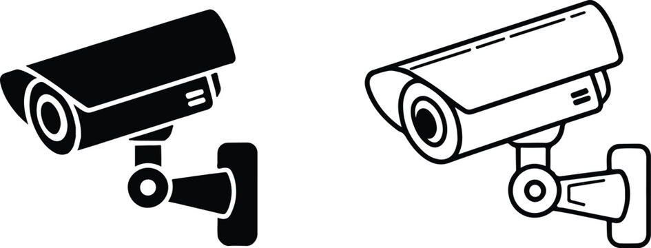 Minimalist Outdoor Security and Surveillance Camera Icon Set, Modern CCTV, Property Monitoring, and Home Safety Vector Graphics, Black and White Stylized Illustrations of a Wall-Mounted Camera.