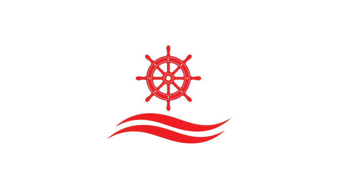 Red Ship Wheel and Waves Icon