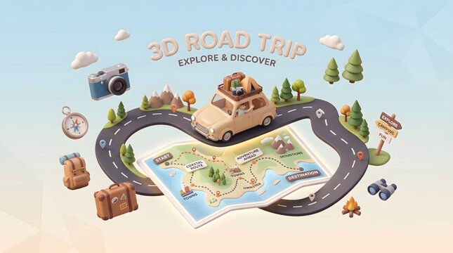 3D Clay Style Road Trip Adventure with Car, Map, Travel Gear, and Camping Elements