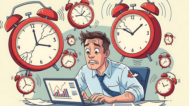 Man surrounded by multiple alarm clocks.