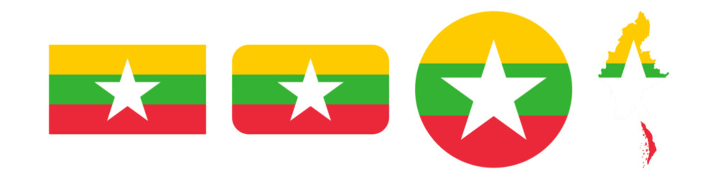 myanmar circular flag, myanmar rectangular flag, myanmar map flag flat icon