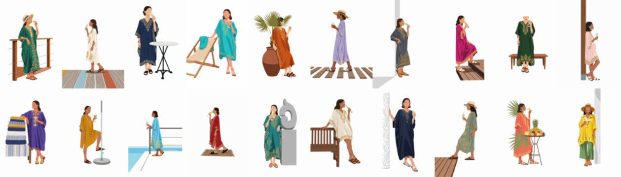 Minimalist Vector Illustrations of Women in Elegant Kaftans and Resort Wear Enjoying a Luxurious Summer Vacation and Cocktails