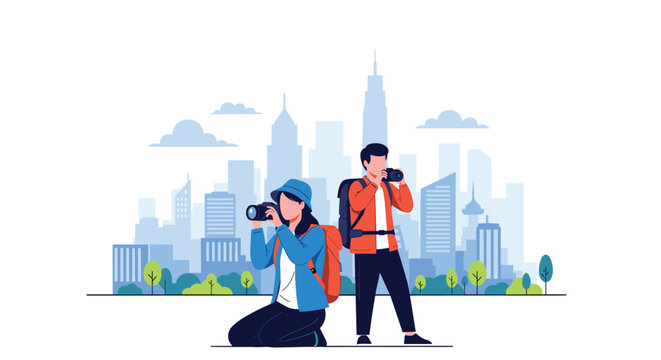 Pair of professional photographers with cameras and backpacks take photos of city skyline during travel adventure in urban area.