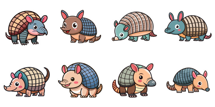 Multiple vector illustrations of cute armadillos