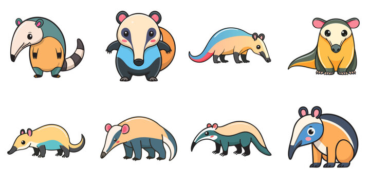 Multiple vector illustrations of cute anteaters