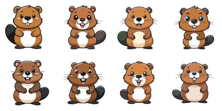 Multiple vector illustrations of cute beavers