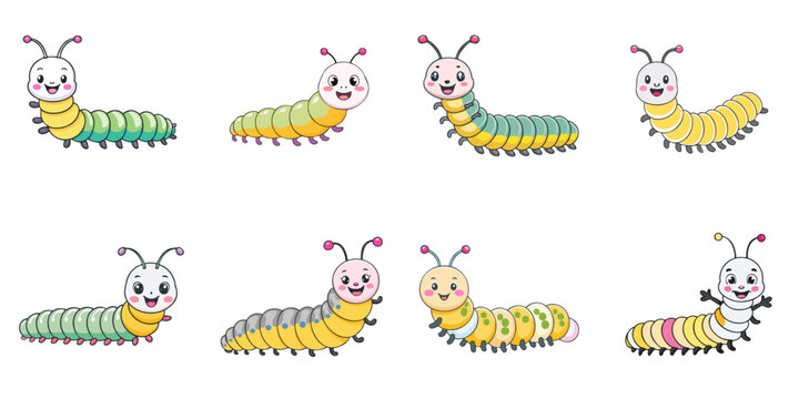 Multiple vector illustrations of cute caterpillars